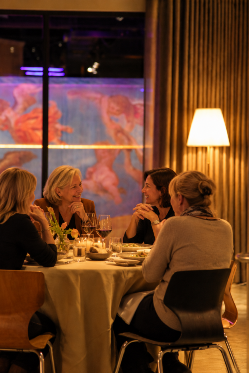 Vriendinnen aan een gedekte tafel in zaal Trinitario van restaurant Octave